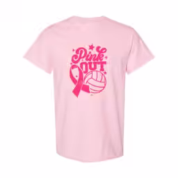 Pink Out volleyball shirt with breast cancer awareness ribbon design