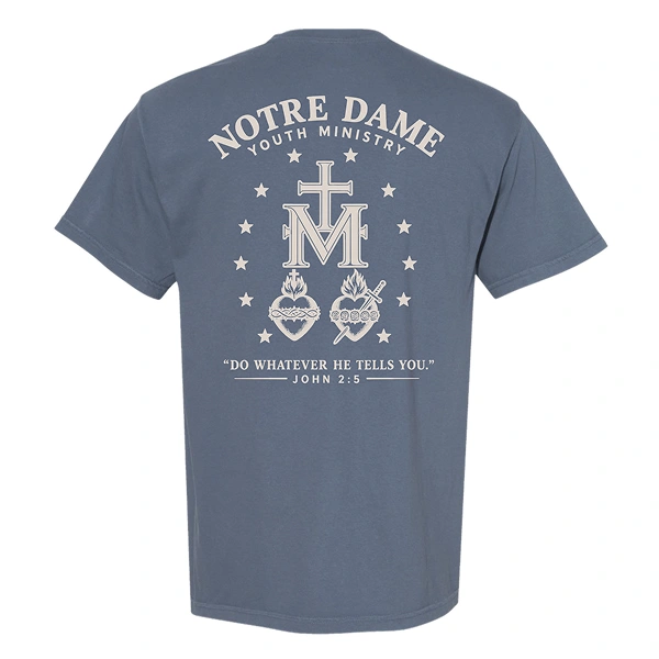 Notre Dame Youth Ministry Miraculous Medal t-shirt back view on Comfort Colors 1717 Blue Jean