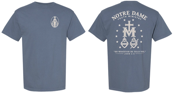 Notre Dame Youth Ministry Miraculous Medal t-shirt on Comfort Colors 1717 Blue Jean