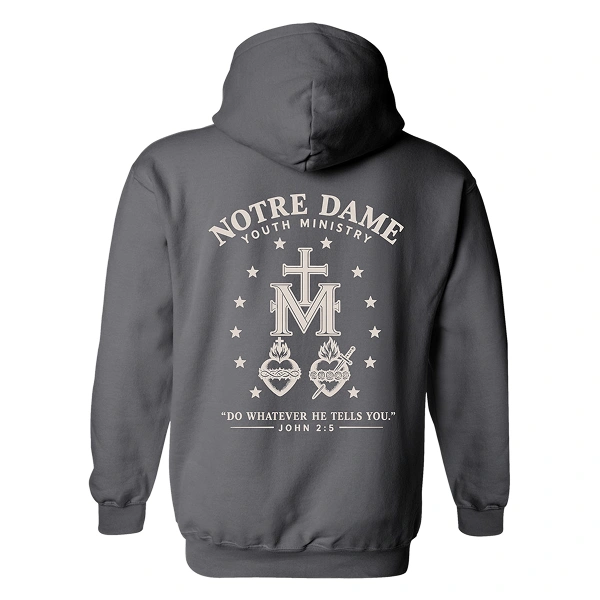Notre Dame Youth Ministry Miraculous Medal hoodie back view on Gildan Heavy Blend Charcoal