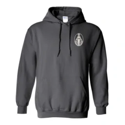 Notre Dame Youth Ministry Miraculous Medal hoodie front view on Gildan Heavy Blend Charcoal