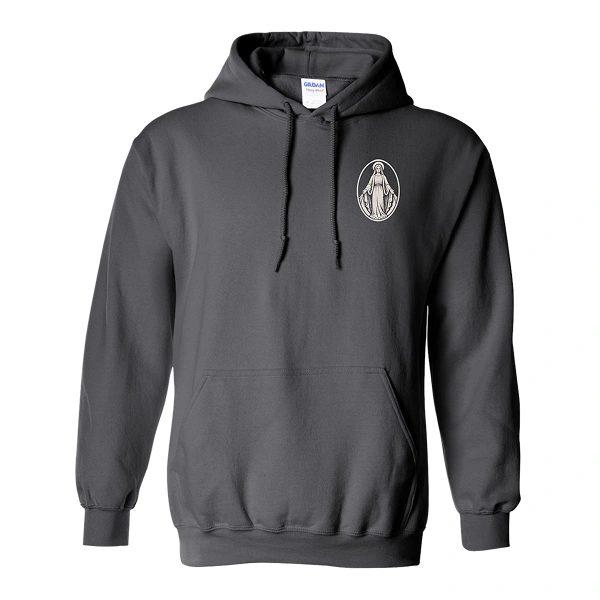 Notre Dame Youth Ministry Miraculous Medal hoodie front view on Gildan Heavy Blend Charcoal