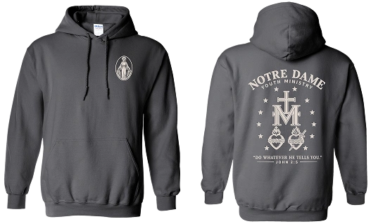 Notre Dame Youth Ministry Miraculous Medal hoodie on Gildan Heavy Blend Charcoal
