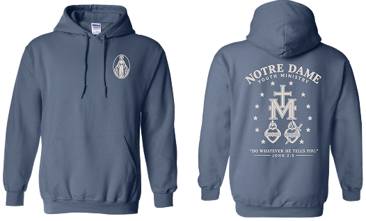 Notre Dame Youth Ministry Miraculous Medal hoodie on Gildan Heavy Blend Indigo Blue