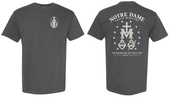 Notre Dame Youth Ministry Miraculous Medal t-shirt on Comfort Colors 1717 Pepper