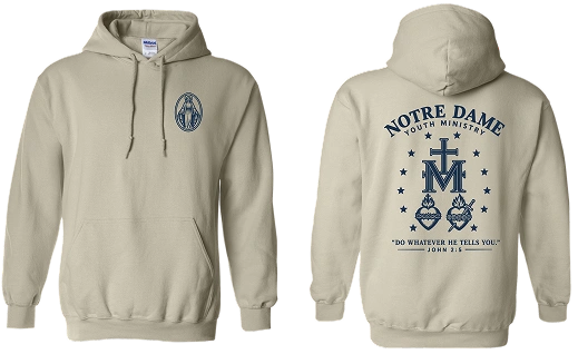 Notre Dame Youth Ministry Miraculous Medal hoodie on Gildan Heavy Blend Sand