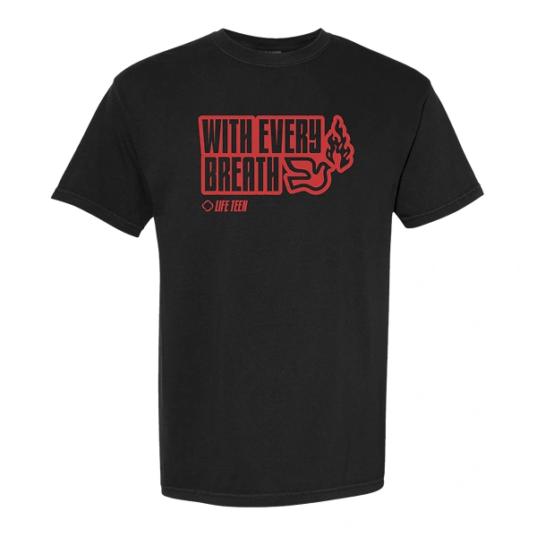 Notre Dame Youth Ministry With Every Breath t-shirt front view on Comfort Colors 1717 Black