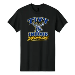 Front of black Tivy Indoor Drumline 1 tee with a blue and gold deer graphic, block lettering, and gold Drumline script