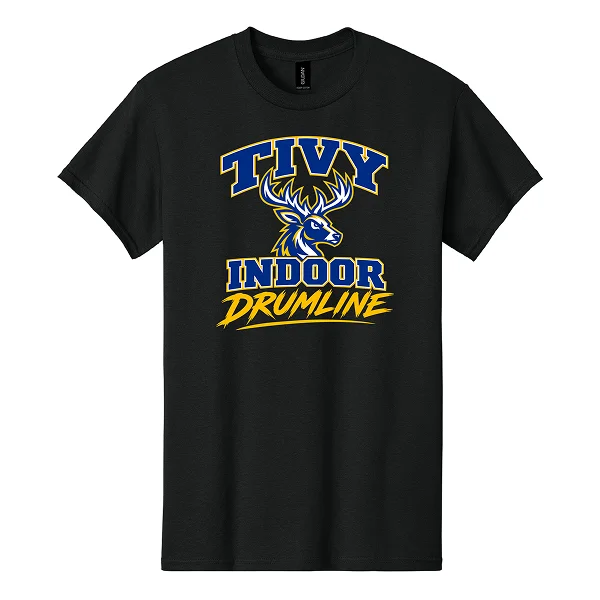 Front of black Tivy Indoor Drumline 1 tee with a blue and gold deer graphic, block lettering, and gold Drumline script