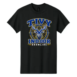 Front of black Tivy Indoor Drumline 2 tee with a forward-facing deer, distressed circular background, and blue, gold, and white lettering