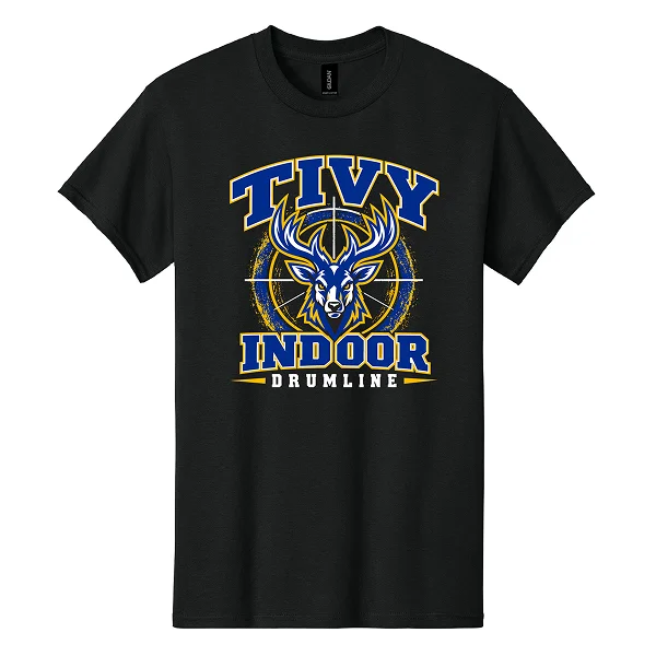 Front of black Tivy Indoor Drumline 2 tee with a forward-facing deer, distressed circular background, and blue, gold, and white lettering