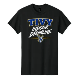 Front of black Tivy Indoor Drumline 3 tee with blue Tivy lettering, white Indoor Drumline script, and a blue and gold deer graphic