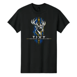 Front of black Tivy Indoor Drumline 4 tee with a white deer graphic, blue and gold vertical brush strokes, and gold stars