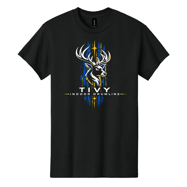 Front of black Tivy Indoor Drumline 4 tee with a white deer graphic, blue and gold vertical brush strokes, and gold stars
