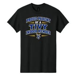 Front of black Tivy Indoor Drumline Proud Parent tee with Proud Parent of a Tivy Indoor Member lettering and a blue and gold deer graphic