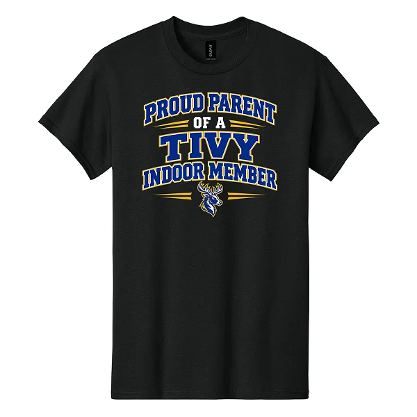 Front of black Tivy Indoor Drumline Proud Parent tee with Proud Parent of a Tivy Indoor Member lettering and a blue and gold deer graphic