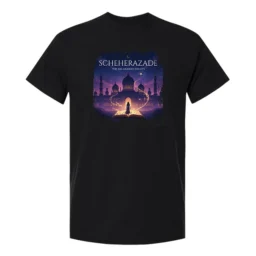 Front of black Tivy 2026 show shirt featuring colorful Scheherazade palace and storybook artwork