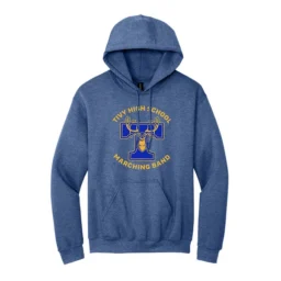 Front of Heather Deep Royal Tivy Marching Band hoodie with a large blue and gold T, deer graphic, and band lettering