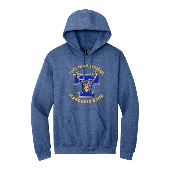 Front of Heather Deep Royal Tivy Marching Band hoodie with a large blue and gold T, deer graphic, and band lettering
