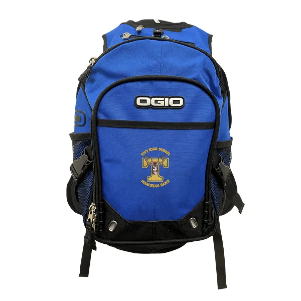 Front of True Royal OGIO backpack with black trim and a gold Tivy High School Marching Band logo on the front pocket