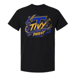 Front of black Tivy Marching Band Parent tee with blue and gold lettering, a large T, and musical instrument graphics