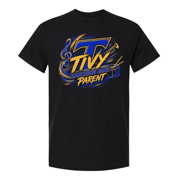 Front of black Tivy Marching Band Parent tee with blue and gold lettering, a large T, and musical instrument graphics