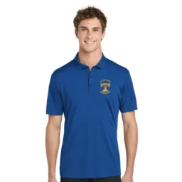 Model wearing a True Royal Tivy Marching Band polo with a gold T and deer logo on the left chest