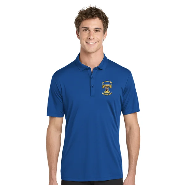 Model wearing a True Royal Tivy Marching Band polo with a gold T and deer logo on the left chest